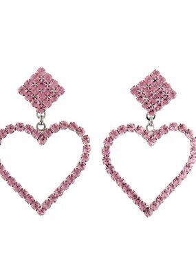 Alessandra Rich Crystal Pink Heart Clip-On Drop Earrings Statement New